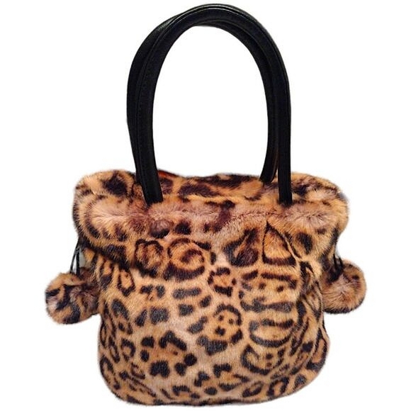 Jayley Collection Leopard Print Faux Fur Drawstring Bag w/ Pom-pom Tassels, NWT - Picture 4 of 11
